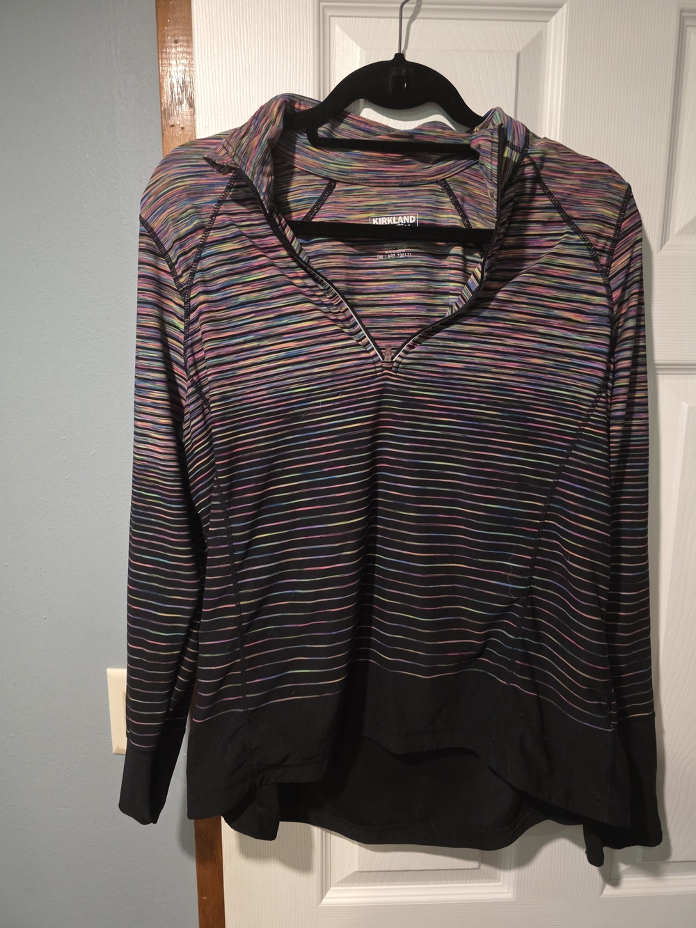 Kirkland Signature Black Hooded Long-Sleeve Top with Multicolor Stripes
